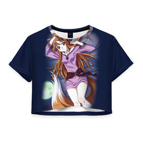 Женская футболка 3D укороченная с принтом Волчица и Пряности 3 , 100% полиэстер | круглая горловина, длина футболки до линии талии, рукава с отворотами | anime | okami to koshinryo | оками