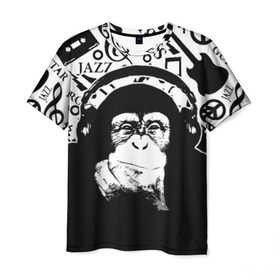 Мужская футболка 3D с принтом Шимпанзе в наушниках , 100% полиэфир | прямой крой, круглый вырез горловины, длина до линии бедер | джаз | музыка | обезьяна | рок | шимпанзе в наущниках
