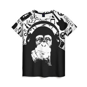 Женская футболка 3D с принтом Шимпанзе в наушниках , 100% полиэфир ( синтетическое хлопкоподобное полотно) | прямой крой, круглый вырез горловины, длина до линии бедер | джаз | музыка | обезьяна | рок | шимпанзе в наущниках