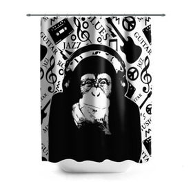 Штора 3D для ванной с принтом Шимпанзе в наушниках , 100% полиэстер | плотность материала — 100 г/м2. Стандартный размер — 146 см х 180 см. По верхнему краю — пластиковые люверсы для креплений. В комплекте 10 пластиковых колец | джаз | музыка | обезьяна | рок | шимпанзе в наущниках