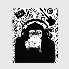 Тетрадь с принтом Шимпанзе в наушниках , 100% бумага | 48 листов, плотность листов — 60 г/м2, плотность картонной обложки — 250 г/м2. Листы скреплены сбоку удобной пружинной спиралью. Уголки страниц и обложки скругленные. Цвет линий — светло-серый
 | джаз | музыка | обезьяна | рок | шимпанзе в наущниках