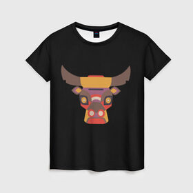 Женская футболка 3D с принтом Голова быка , 100% полиэфир ( синтетическое хлопкоподобное полотно) | прямой крой, круглый вырез горловины, длина до линии бедер | бык | голова | мозаика | рога | узор