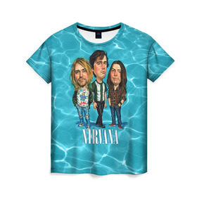 Женская футболка 3D с принтом Шаржи группа Nirvana , 100% полиэфир ( синтетическое хлопкоподобное полотно) | прямой крой, круглый вырез горловины, длина до линии бедер | cobain | curt | nirvana | rock | группа | кобейн | курт | нирвана | рок