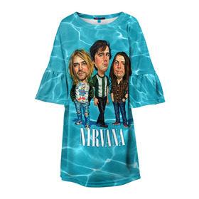 Детское платье 3D с принтом Шаржи группа Nirvana , 100% полиэстер | прямой силуэт, чуть расширенный к низу. Круглая горловина, на рукавах — воланы | cobain | curt | nirvana | rock | группа | кобейн | курт | нирвана | рок