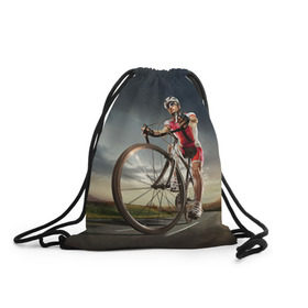 Рюкзак-мешок 3D с принтом Велогонщик , 100% полиэстер | плотность ткани — 200 г/м2, размер — 35 х 45 см; лямки — толстые шнурки, застежка на шнуровке, без карманов и подкладки | Тематика изображения на принте: extreme | вело | велосипед | шоссейный велосипед | экстрим