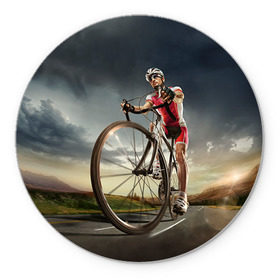 Коврик круглый с принтом Велогонщик , резина и полиэстер | круглая форма, изображение наносится на всю лицевую часть | Тематика изображения на принте: extreme | вело | велосипед | шоссейный велосипед | экстрим