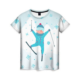 Женская футболка 3D с принтом Лыжник , 100% полиэфир ( синтетическое хлопкоподобное полотно) | прямой крой, круглый вырез горловины, длина до линии бедер | extreme | ski | skiing | горнолыжное | горные лыжи | лыжник | фристайл | экстрим