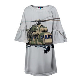 Детское платье 3D с принтом МИ 8 , 100% полиэстер | прямой силуэт, чуть расширенный к низу. Круглая горловина, на рукавах — воланы | Тематика изображения на принте: авиация | армия | ввс | вертолет | военная техника | ми 8 | ударный