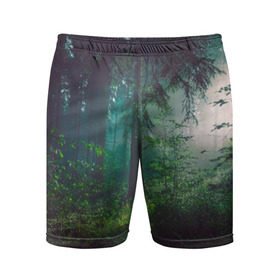 Мужские шорты 3D спортивные с принтом Таинственный лес ,  |  | деревья | зелень | на макете изображен таинственный зеленый леслес