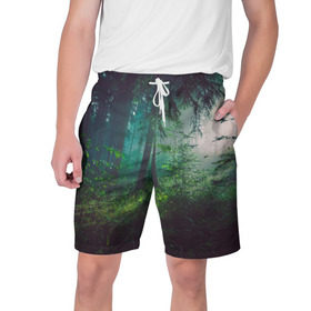 Мужские шорты 3D с принтом Таинственный лес ,  полиэстер 100% | прямой крой, два кармана без застежек по бокам. Мягкая трикотажная резинка на поясе, внутри которой широкие завязки. Длина чуть выше колен | деревья | зелень | на макете изображен таинственный зеленый леслес