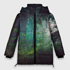 Женская зимняя куртка 3D с принтом Таинственный лес , верх — 100% полиэстер; подкладка — 100% полиэстер; утеплитель — 100% полиэстер | длина ниже бедра, силуэт Оверсайз. Есть воротник-стойка, отстегивающийся капюшон и ветрозащитная планка. 

Боковые карманы с листочкой на кнопках и внутренний карман на молнии | деревья | зелень | на макете изображен таинственный зеленый леслес