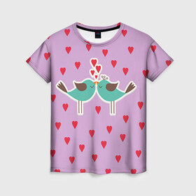 Женская футболка 3D с принтом Птички , 100% полиэфир ( синтетическое хлопкоподобное полотно) | прямой крой, круглый вырез горловины, длина до линии бедер | 14 февраля | love | валентин | влюбленные | любовь | птички | сердечко | сердце