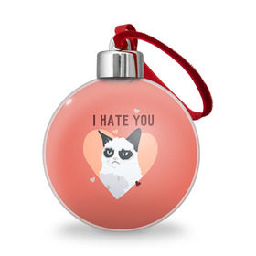 Ёлочный шар с принтом I hate you , Пластик | Диаметр: 77 мм | 14 февраля | cat | i hate you | день святого валентина | кот | ненавижу 14 февраля | сердечки