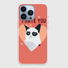 Чехол для iPhone 13 Pro с принтом I hate you ,  |  | Тематика изображения на принте: 14 февраля | cat | i hate you | день святого валентина | кот | ненавижу 14 февраля | сердечки