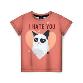 Детская футболка 3D с принтом I hate you , 100% гипоаллергенный полиэфир | прямой крой, круглый вырез горловины, длина до линии бедер, чуть спущенное плечо, ткань немного тянется | Тематика изображения на принте: 14 февраля | cat | i hate you | день святого валентина | кот | ненавижу 14 февраля | сердечки