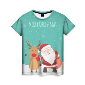 Женская футболка 3D с принтом Merry Christmas , 100% полиэфир ( синтетическое хлопкоподобное полотно) | прямой крой, круглый вырез горловины, длина до линии бедер | merry christmas | дед мороз | новый год | рождество