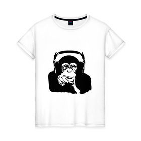Женская футболка хлопок с принтом Обезьяна в наушниках , 100% хлопок | прямой крой, круглый вырез горловины, длина до линии бедер, слегка спущенное плечо | 2016 | наушники | обезьяна | символ | шимпанзе