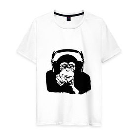 Мужская футболка хлопок с принтом Обезьяна в наушниках , 100% хлопок | прямой крой, круглый вырез горловины, длина до линии бедер, слегка спущенное плечо. | Тематика изображения на принте: 2016 | наушники | обезьяна | символ | шимпанзе