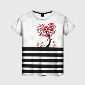 Женская футболка 3D с принтом Сердца , 100% полиэфир ( синтетическое хлопкоподобное полотно) | прямой крой, круглый вырез горловины, длина до линии бедер | весна | дерево | любовь | сердца | цветут | цветы