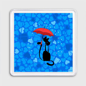 Магнит 55*55 с принтом Под зонтом , Пластик | Размер: 65*65 мм; Размер печати: 55*55 мм | дождь | кот | кошка | любовь | под зонтом | сердца