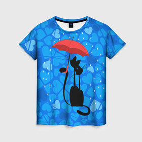 Женская футболка 3D с принтом Под зонтом , 100% полиэфир ( синтетическое хлопкоподобное полотно) | прямой крой, круглый вырез горловины, длина до линии бедер | дождь | кот | кошка | любовь | под зонтом | сердца