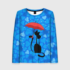 Женский лонгслив 3D с принтом Под зонтом , 100% полиэстер | длинные рукава, круглый вырез горловины, полуприлегающий силуэт | дождь | кот | кошка | любовь | под зонтом | сердца