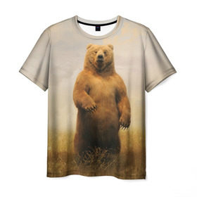 Мужская футболка 3D с принтом Медведь в поле , 100% полиэфир | прямой крой, круглый вырез горловины, длина до линии бедер | Тематика изображения на принте: bear | медведь | одуванчики | русский медведь в чистом русском поле мечта патриотаполе | сено