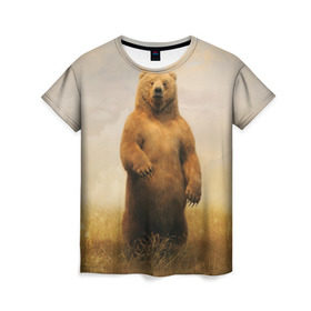 Женская футболка 3D с принтом Медведь в поле , 100% полиэфир ( синтетическое хлопкоподобное полотно) | прямой крой, круглый вырез горловины, длина до линии бедер | Тематика изображения на принте: bear | медведь | одуванчики | русский медведь в чистом русском поле мечта патриотаполе | сено