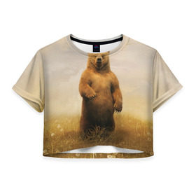 Женская футболка 3D укороченная с принтом Медведь в поле , 100% полиэстер | круглая горловина, длина футболки до линии талии, рукава с отворотами | bear | медведь | одуванчики | русский медведь в чистом русском поле мечта патриотаполе | сено