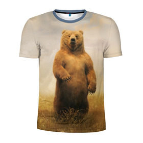 Мужская футболка 3D спортивная с принтом Медведь в поле , 100% полиэстер с улучшенными характеристиками | приталенный силуэт, круглая горловина, широкие плечи, сужается к линии бедра | Тематика изображения на принте: bear | медведь | одуванчики | русский медведь в чистом русском поле мечта патриотаполе | сено
