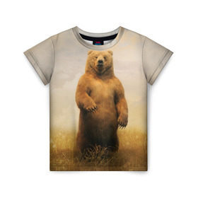 Детская футболка 3D с принтом Медведь в поле , 100% гипоаллергенный полиэфир | прямой крой, круглый вырез горловины, длина до линии бедер, чуть спущенное плечо, ткань немного тянется | Тематика изображения на принте: bear | медведь | одуванчики | русский медведь в чистом русском поле мечта патриотаполе | сено