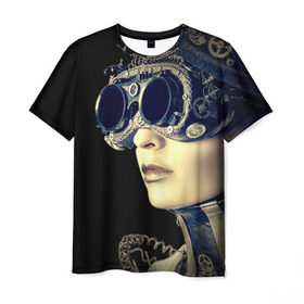 Мужская футболка 3D с принтом Девушка steampunk , 100% полиэфир | прямой крой, круглый вырез горловины, длина до линии бедер | Тематика изображения на принте: девушка steampunk | киберпанк | кожа | очки | шляпа
