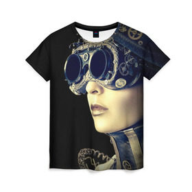 Женская футболка 3D с принтом Девушка steampunk , 100% полиэфир ( синтетическое хлопкоподобное полотно) | прямой крой, круглый вырез горловины, длина до линии бедер | девушка steampunk | киберпанк | кожа | очки | шляпа