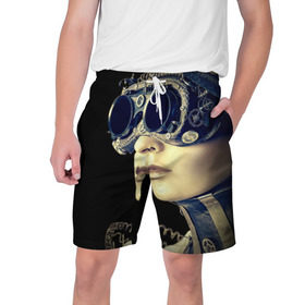 Мужские шорты 3D с принтом Девушка steampunk ,  полиэстер 100% | прямой крой, два кармана без застежек по бокам. Мягкая трикотажная резинка на поясе, внутри которой широкие завязки. Длина чуть выше колен | девушка steampunk | киберпанк | кожа | очки | шляпа