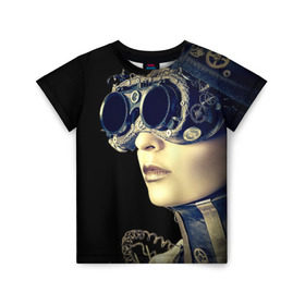 Детская футболка 3D с принтом Девушка steampunk , 100% гипоаллергенный полиэфир | прямой крой, круглый вырез горловины, длина до линии бедер, чуть спущенное плечо, ткань немного тянется | девушка steampunk | киберпанк | кожа | очки | шляпа