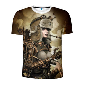 Мужская футболка 3D спортивная с принтом Девушка steampunk , 100% полиэстер с улучшенными характеристиками | приталенный силуэт, круглая горловина, широкие плечи, сужается к линии бедра | Тематика изображения на принте: девушка steampunk | киберпанк | очки | шапка