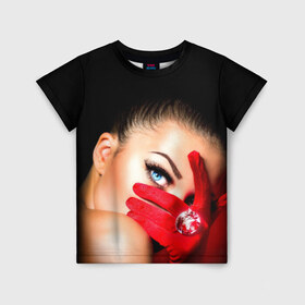 Детская футболка 3D с принтом Девушка с бриллиантом , 100% гипоаллергенный полиэфир | прямой крой, круглый вырез горловины, длина до линии бедер, чуть спущенное плечо, ткань немного тянется | взгляд | девушка с бриллиантом | красная | перчатка