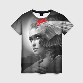 Женская футболка 3D с принтом Девушка с крыльями , 100% полиэфир ( синтетическое хлопкоподобное полотно) | прямой крой, круглый вырез горловины, длина до линии бедер | 