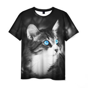 Мужская футболка 3D с принтом Кот , 100% полиэфир | прямой крой, круглый вырез горловины, длина до линии бедер | Тематика изображения на принте: взгляд | глаза | голубые | кот