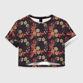 Женская футболка 3D укороченная с принтом Хохлома , 100% полиэстер | круглая горловина, длина футболки до линии талии, рукава с отворотами | народные | прикольные | русские | украина | хохлома | цветы
