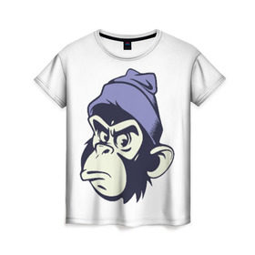 Женская футболка 3D с принтом Обезьяна в шапке , 100% полиэфир ( синтетическое хлопкоподобное полотно) | прямой крой, круглый вырез горловины, длина до линии бедер | мода | обезьяна | хипстер | шапка