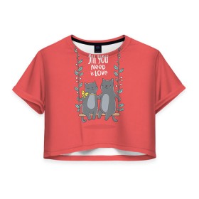 Женская футболка 3D укороченная с принтом Кисули Love , 100% полиэстер | круглая горловина, длина футболки до линии талии, рукава с отворотами | 14 февраля | love | влюбленный | день святого валентина | котики | любовь | милый | романтика | сердце