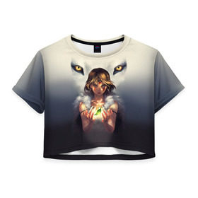 Женская футболка 3D укороченная с принтом Мононоке и глаза , 100% полиэстер | круглая горловина, длина футболки до линии талии, рукава с отворотами | волк | классика | лес | мононоке | фэнтези | хидео | хит