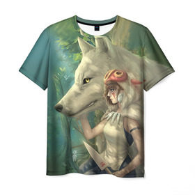 Мужская футболка 3D с принтом Принцесса и волк , 100% полиэфир | прямой крой, круглый вырез горловины, длина до линии бедер | волк | классика | лес | мононоке | фэнтези | хидео | хит