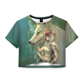 Женская футболка 3D укороченная с принтом Принцесса и волк , 100% полиэстер | круглая горловина, длина футболки до линии талии, рукава с отворотами | волк | классика | лес | мононоке | фэнтези | хидео | хит