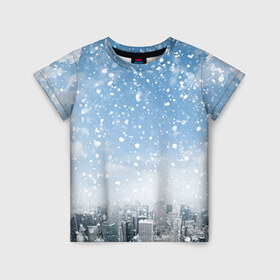 Детская футболка 3D с принтом Снежный город , 100% гипоаллергенный полиэфир | прямой крой, круглый вырез горловины, длина до линии бедер, чуть спущенное плечо, ткань немного тянется | Тематика изображения на принте: город | зима | природа | снег | снегопад