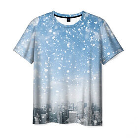 Мужская футболка 3D с принтом Снежный город , 100% полиэфир | прямой крой, круглый вырез горловины, длина до линии бедер | Тематика изображения на принте: город | зима | природа | снег | снегопад