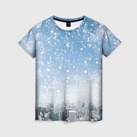 Женская футболка 3D с принтом Снежный город , 100% полиэфир ( синтетическое хлопкоподобное полотно) | прямой крой, круглый вырез горловины, длина до линии бедер | город | зима | природа | снег | снегопад