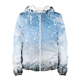 Женская куртка 3D с принтом Снежный город , ткань верха — 100% полиэстер, подклад — флис | прямой крой, подол и капюшон оформлены резинкой с фиксаторами, два кармана без застежек по бокам, один большой потайной карман на груди. Карман на груди застегивается на липучку | Тематика изображения на принте: город | зима | природа | снег | снегопад