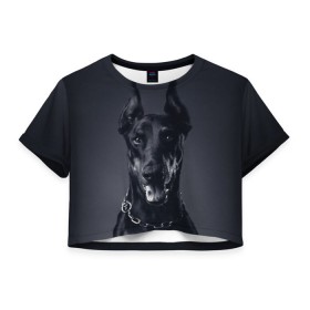 Женская футболка 3D укороченная с принтом Доберман , 100% полиэстер | круглая горловина, длина футболки до линии талии, рукава с отворотами | доберман | животное | порода | собака